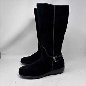 Westies Suede Boots Womens Size 8 Black Leather Knee High Side Zip Rubber Sole